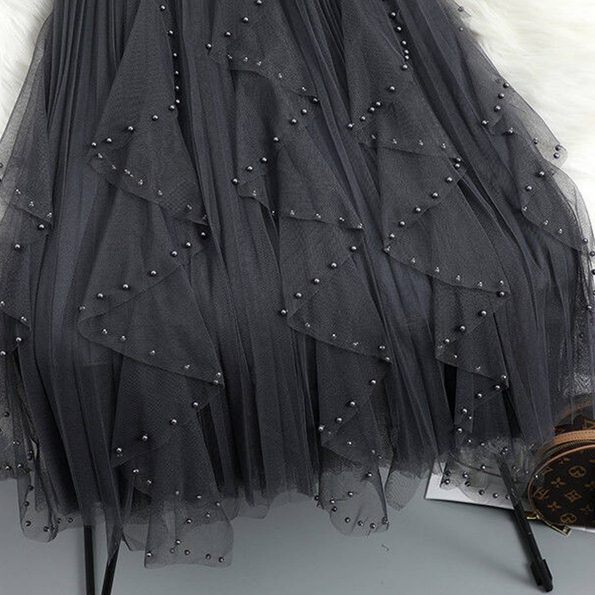 ACCITY - Wholesale Skirt - Women's - BEADED MESH PLEATED SKIRT A LINE TULLE SKIRT_CWBLS039812