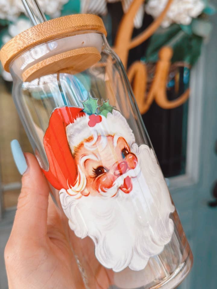 20 oz Glass Can - Santa Cup, Libbey Glass, Christmas for wholesale by Laila M and Co