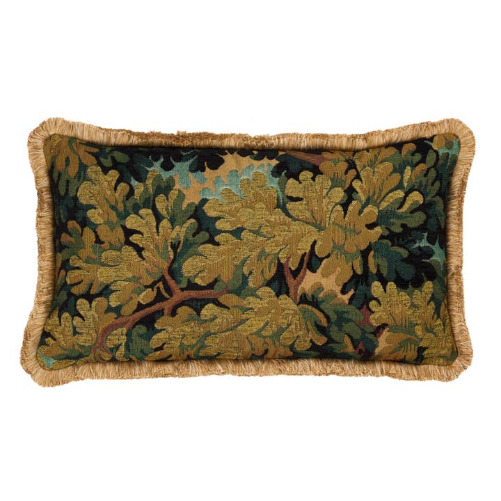 Verdure Royale Tapestry Cushion with Gold Fringe - 35x58cm for wholesale by Hines of Oxford