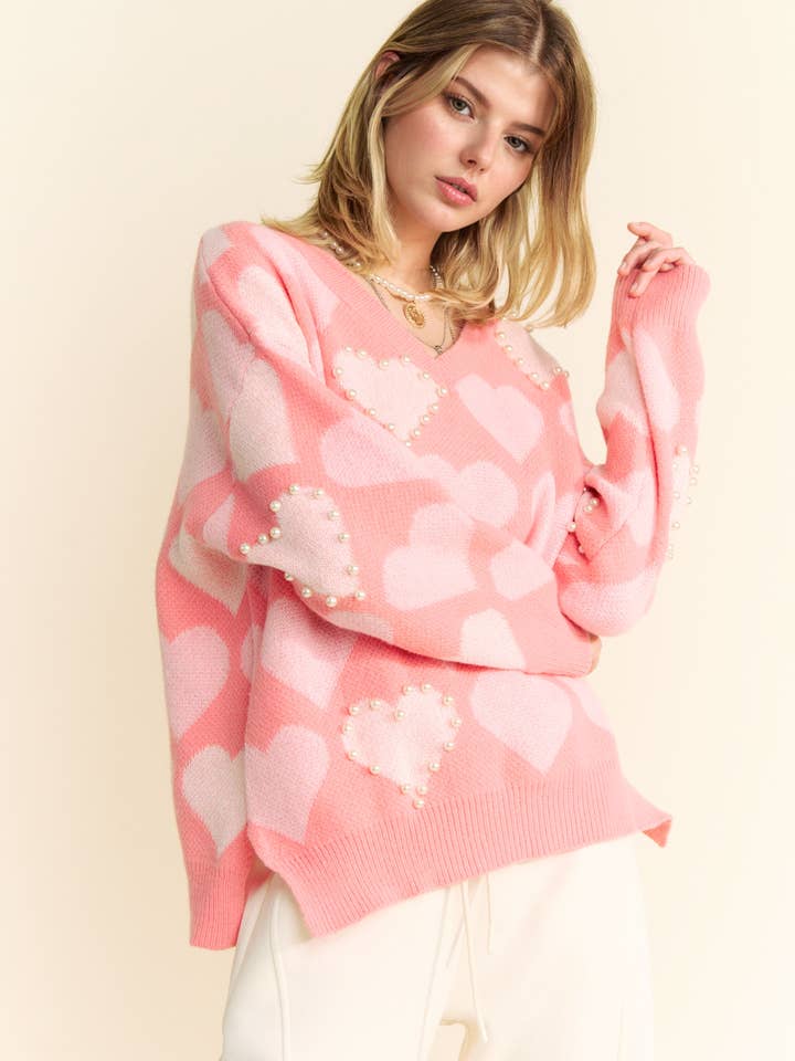 Davi & Dani - Wholesale Knit Sweater - Women's - HEART PEARL SIDE SLIT LOOSE FIT V NECK SWEATER