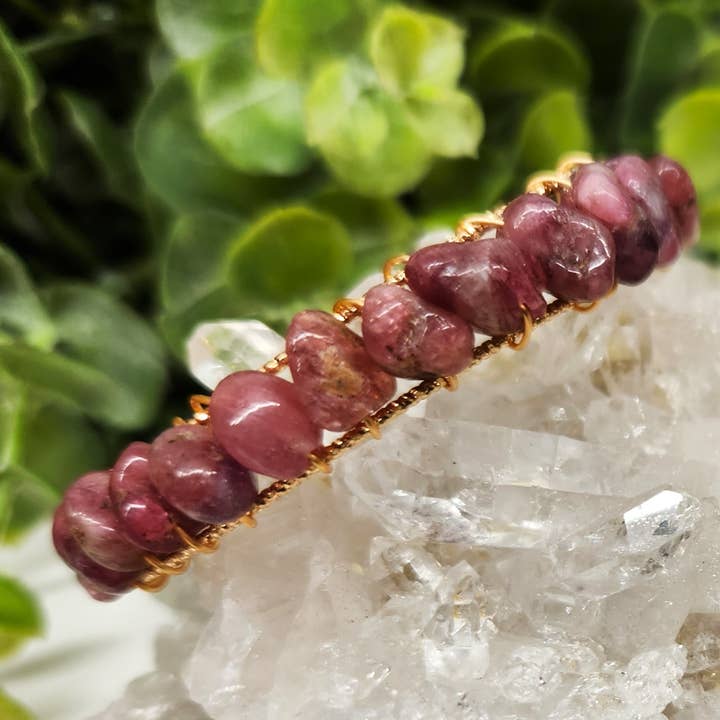 Pink Tourmaline Bangle/ Cuff Wire Wrapped-18kt. Gold Overlay for wholesale by Meraki Gemstones