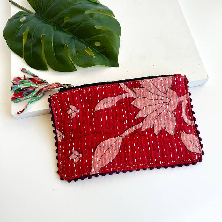 Kantha Tasseled Zip Pouch 💗 for wholesale by WorldFinds