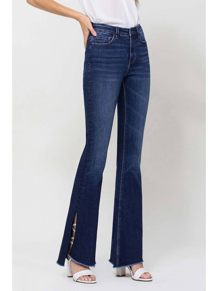 ROLLING IN THE BLUES HIGH RISE SLIT RAW HEM FLARE JEANS F4384 for wholesale on Faire