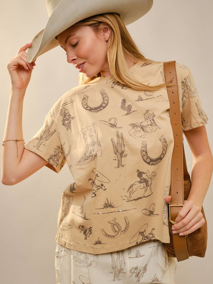 Camiseta Gráfica Ocidental com Gola Redonda 37762T por atacado de Blue B