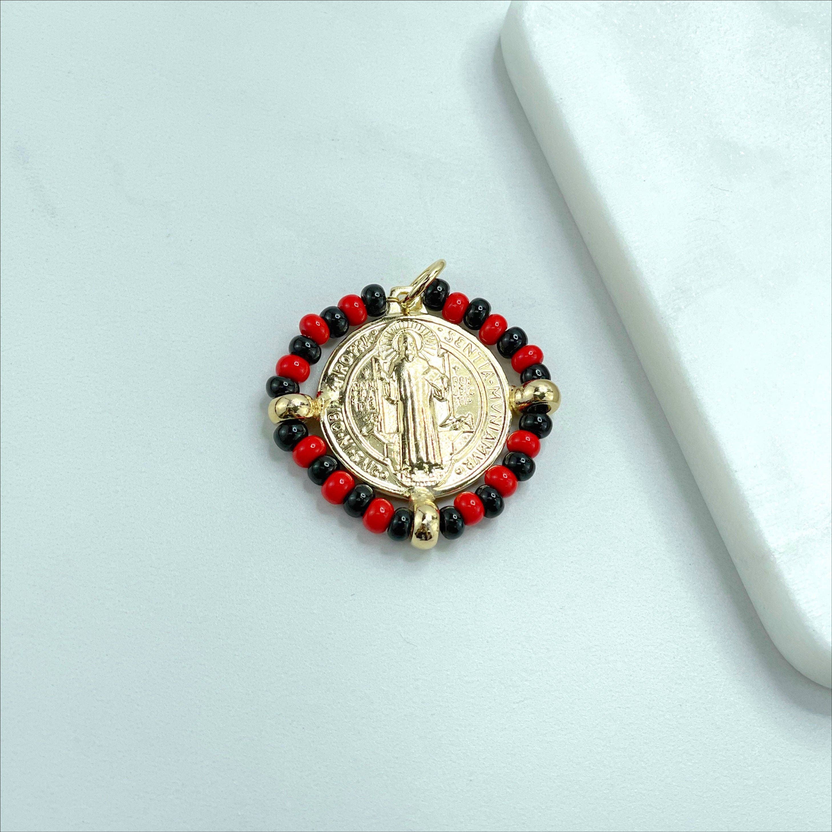 DIJU Jewelry - Wholesale  - 18k Gold Filled San Benito Coin, Black & Red Beads, 2 Sided Round Pendant Charms, Reversible San Benito, Wholesale Jewelry Making Supplies3