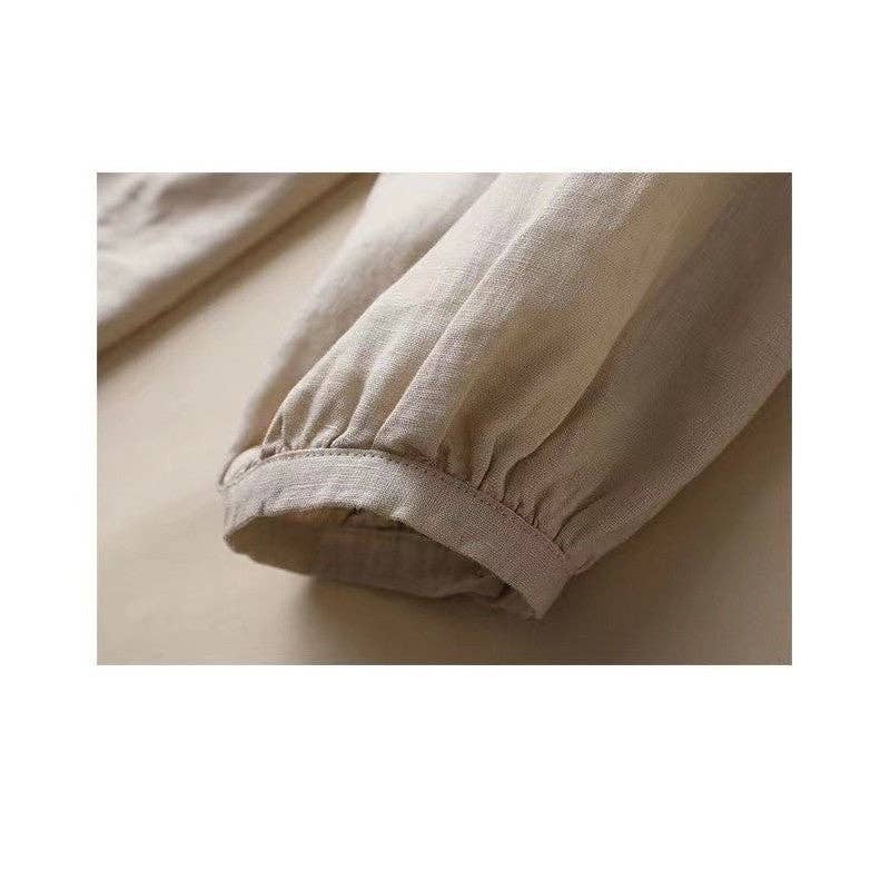 FurDecoration - Wholesale Blouse - Women's - Casual Loose Ramie Cotton Blouse with Solid Color and Long Sleeves5