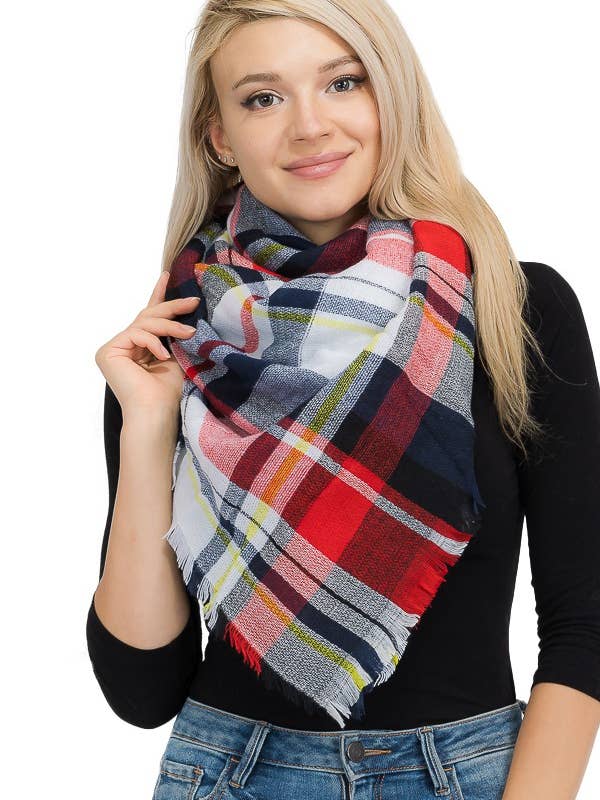 Madras Tartan Plaid Checkered Fray Trim Woven Square Shawl for wholesale by Cap Zone