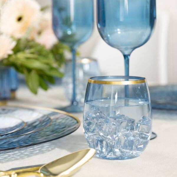 Posh Setting - Wholesale Wine Glass - 12 oz. Blue Stemless Wine Goblets With Gold Rim 6 Pack1