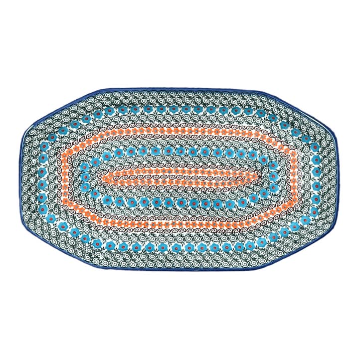 Tray, Angular, 10.5" x 18.5" in "Teal Pompons" by Andy | NDA333-62 for wholesale by Polish Pottery Outlet