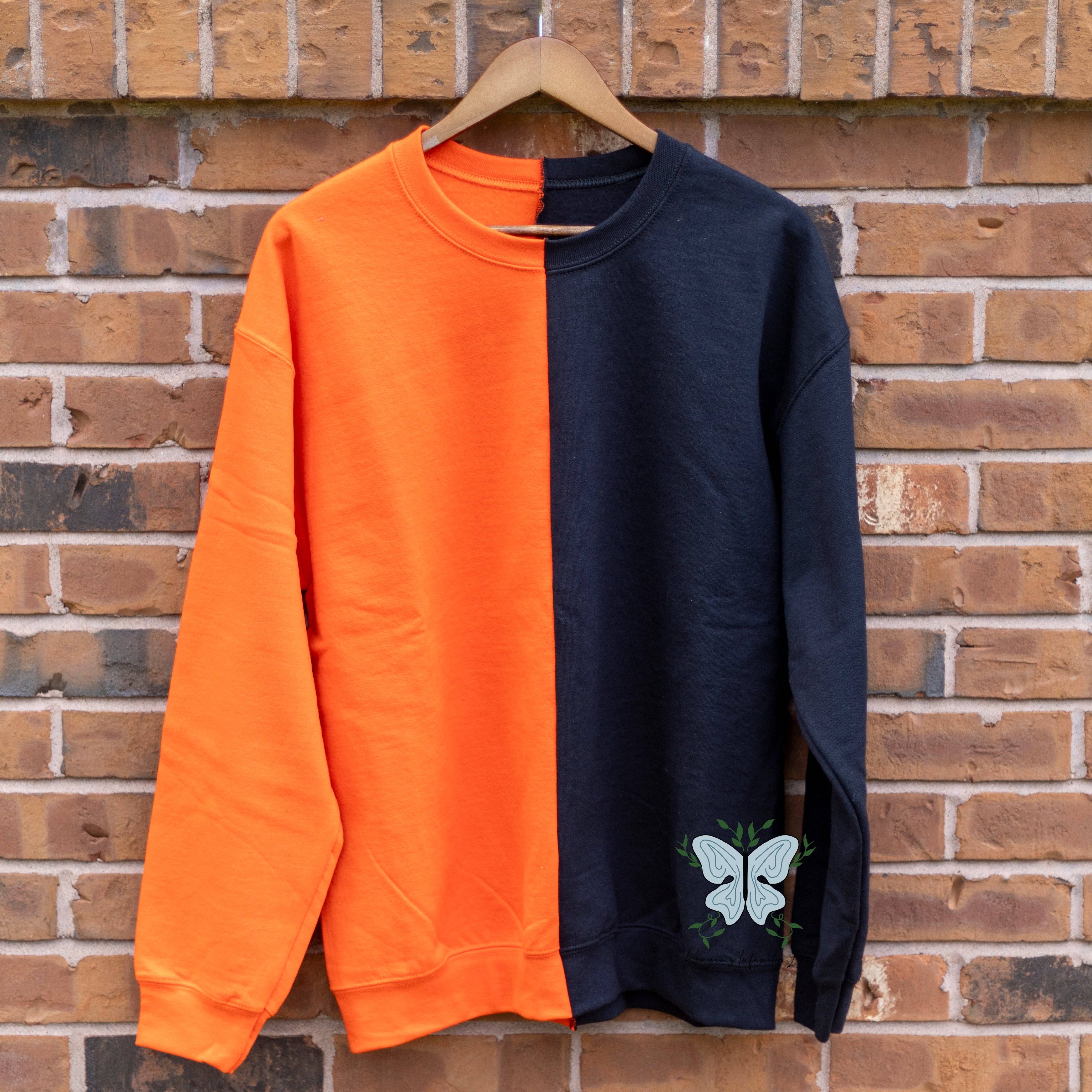 McKenzie’s Infinity LLC - Wholesale Sweatshirt - Unisex - Orange & Black Split Colored, Two-Toned, Crewneck Sweatshirt1