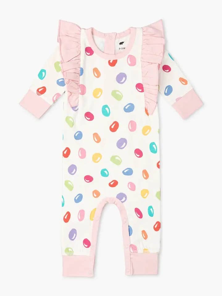 Barboteuse à volants doubles de Pâques_Bonbons colorés pour la vente par Monica + Andy