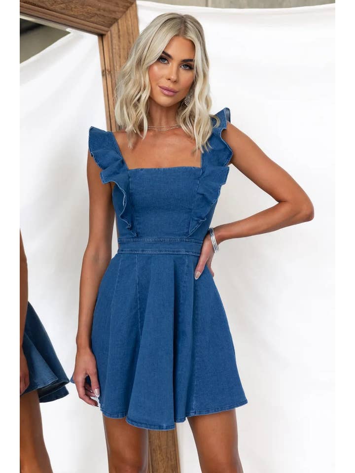 Your Beautiful Boutique - Vendita all'ingrosso Vestito - Donna - Abito in denim casual da donna con maniche arricciate e schiena scoperta1