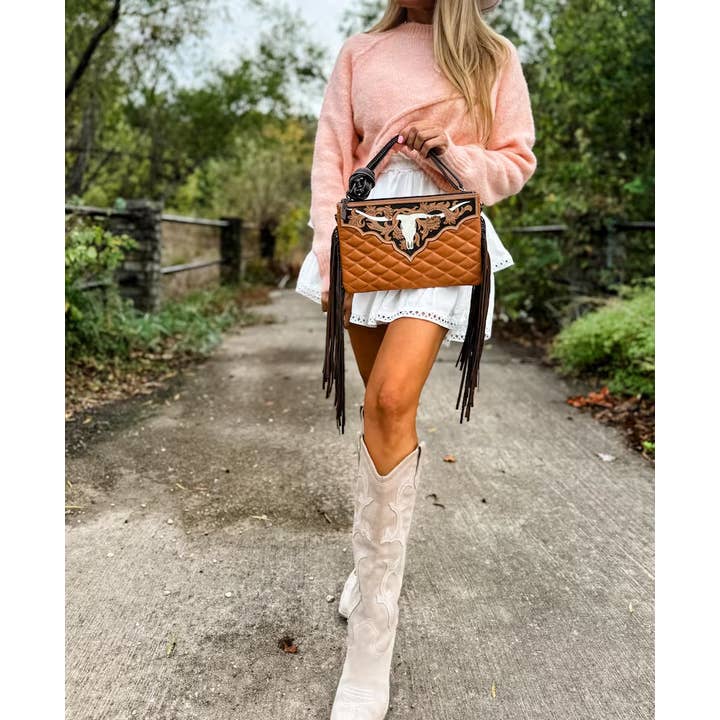 Boho Ranch Shop - Wholesale Crossbody Bag - Women's - LAINEY CROSSBODY steer longhorn -quilted leather purse bag9