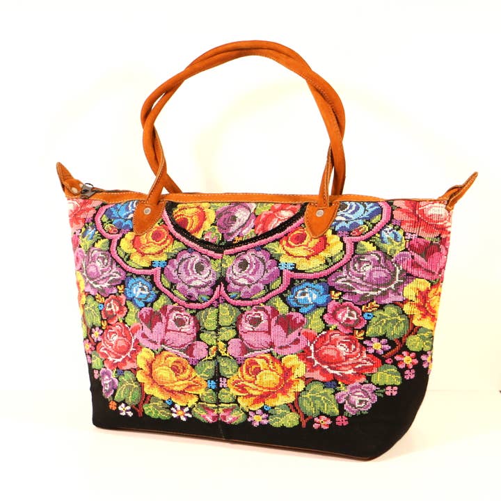 Vintage "Carpet Bag" Tote, Leather & Vintage Floral Huipil for wholesale by DIAMANTI DESIGNS