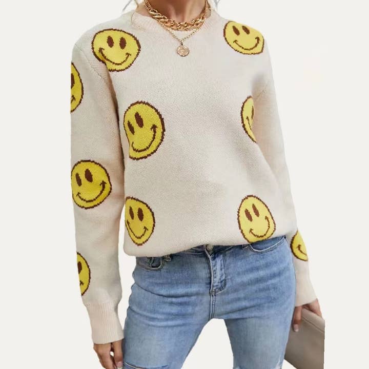 Favorit Smil Ansigt Langærmet Strikket Sweater Top for engroshandel hos The Moment Collection