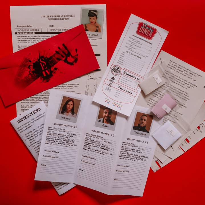 Scarlet Envelope - Wholesale Puzzle - Adult - Murder Mystery Puzzle Game "Breakfast for a Serial Killer"
