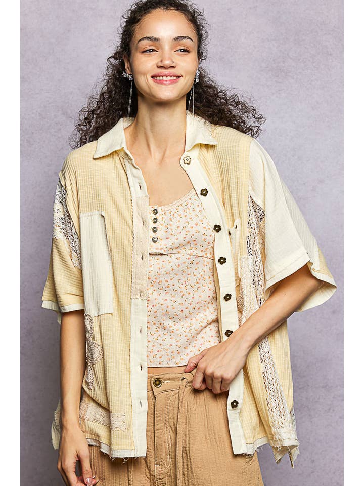 Pol Clothing - Wholesale Button Down Shirt - Women's - Collared Studded Button-down Short Sleeve Knit Shirt Top10