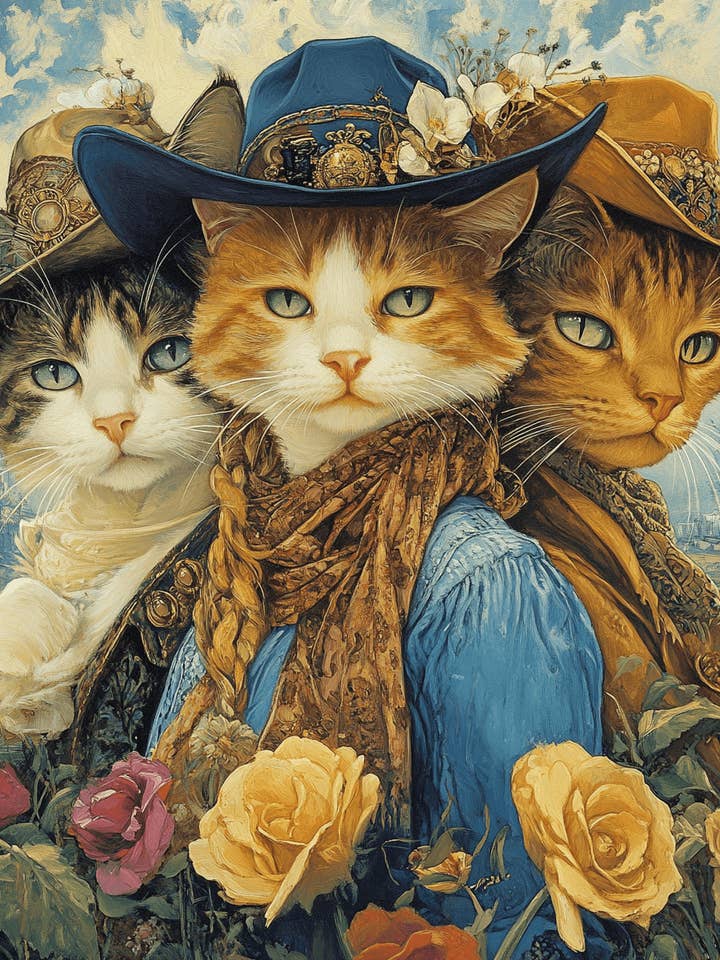 Three Amigos - Cowboy Cats - Wall Art Print - Coastal Cowgirl 8"x10" Artwork - 11"x14" Mat for wholesale by Mowbi