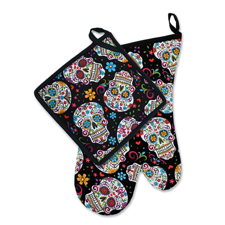 „Folkloric-Black” Day of the Dead ovenwantenhoudersets voor wholesale door Bronze Baboon