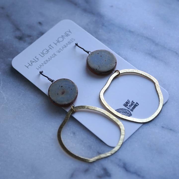 Beach Blue Circle - Mixed Media Stoneware & Brass Earrings for wholesale by Half Light Honey