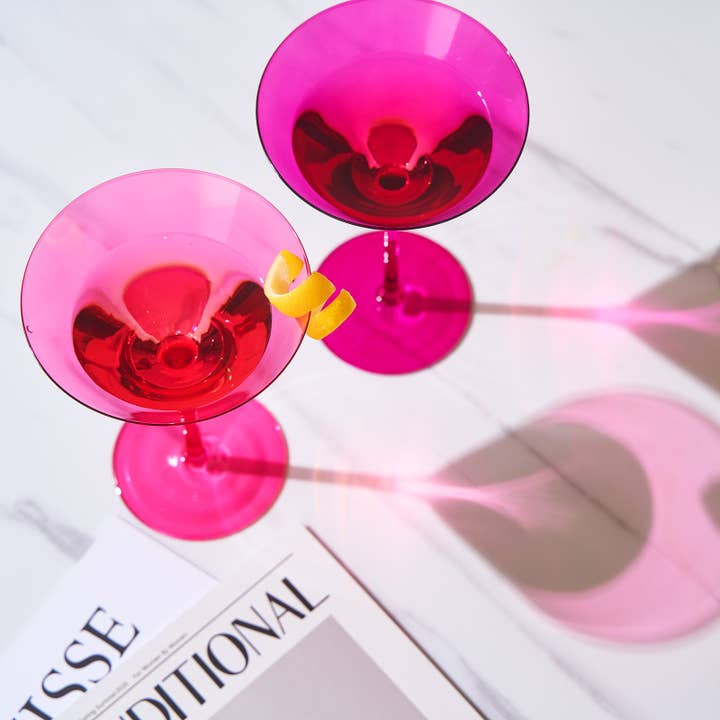 The Wine Savant / Khen Glassware - Wholesale Cocktail/Liquor Glass - Khen Hot Pink Martini Glasses Set of 2 Crystal Glassware 8oz