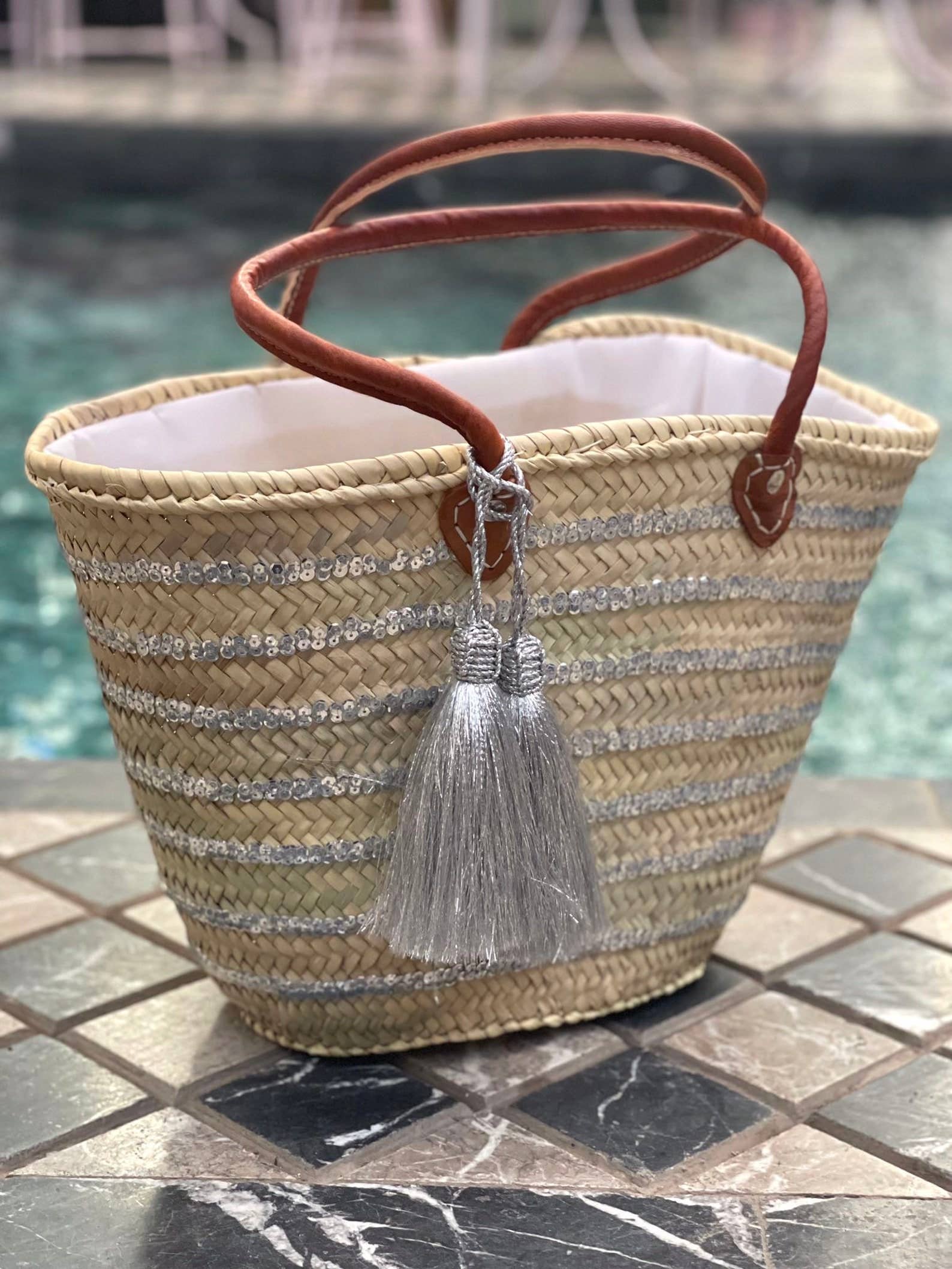 martitec - Vente Sac de plage - Sac à panier à paillettes | Sac à panier marocain tissé à la main argenté 10