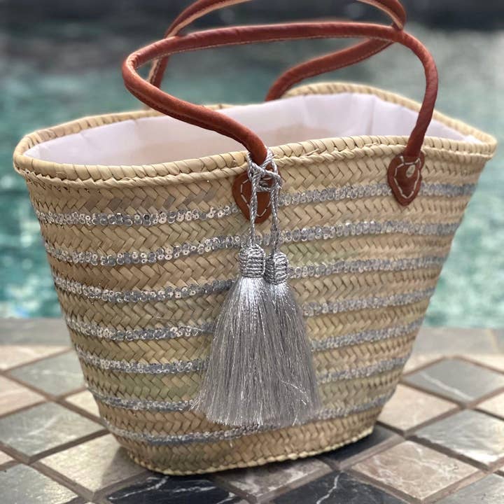 martitec - Vente Sac de plage - Sac à panier à paillettes | Sac à panier marocain tissé à la main argenté 10