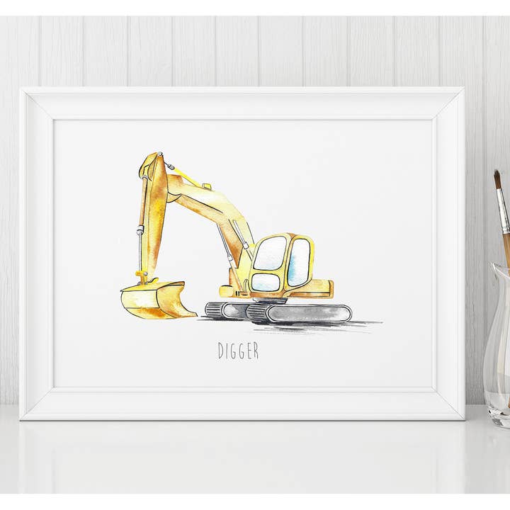 Digger Construction Site Watercolour Wall Print for wholesale by Katie Hipwell Design