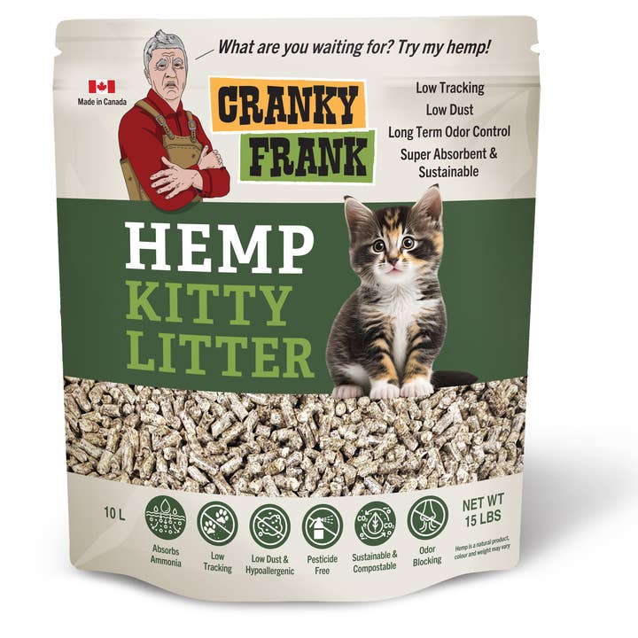 Cranky Frank Hemp Kitty Litter 15lb (10L), Non-Clumping for wholesale by My Favorite Chicken