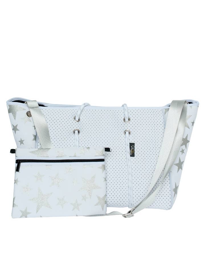 White Stardust Neoprene Tote for wholesale by SabiChic