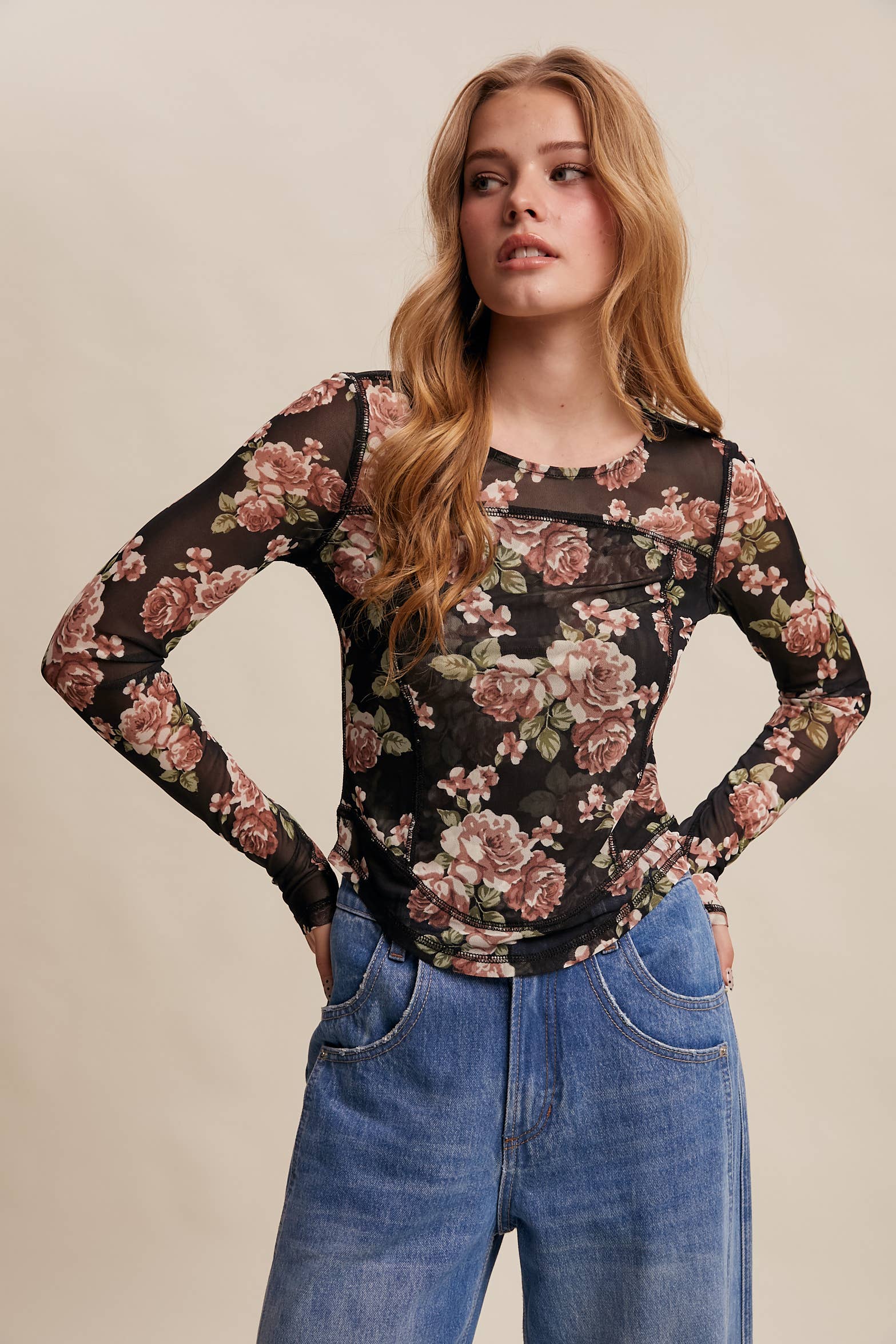 Listicle - Wholesale T-Shirt - Women's - Floral Mesh Long Sleeve Layering Top40