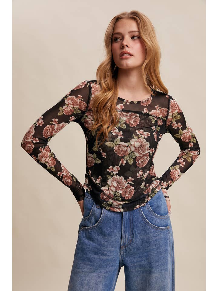 Listicle - Wholesale T-Shirt - Women's - Floral Mesh Long Sleeve Layering Top40