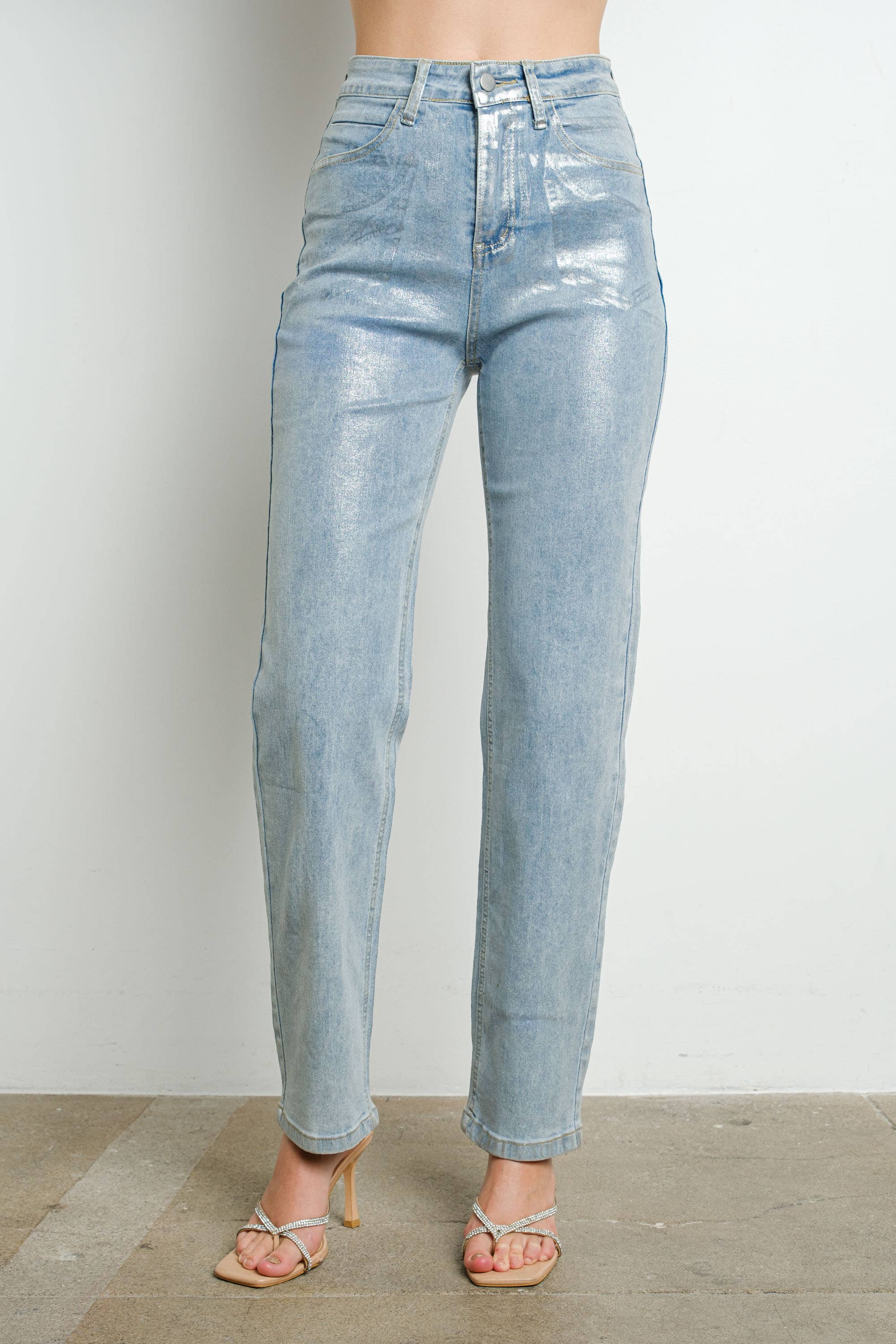 Wholesale IP2978 High Rise Metallic Foil Stretch Denim Pants for