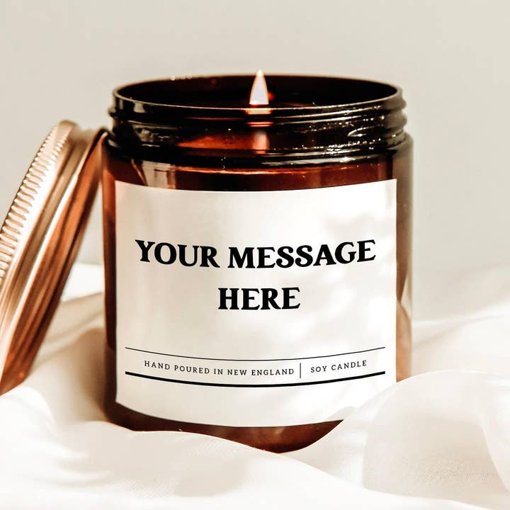 Candela di soia con messaggio personalizzato, regalo personalizzato, barattolo ambrato per la vendita all'ingrosso da parte di Scently Moments