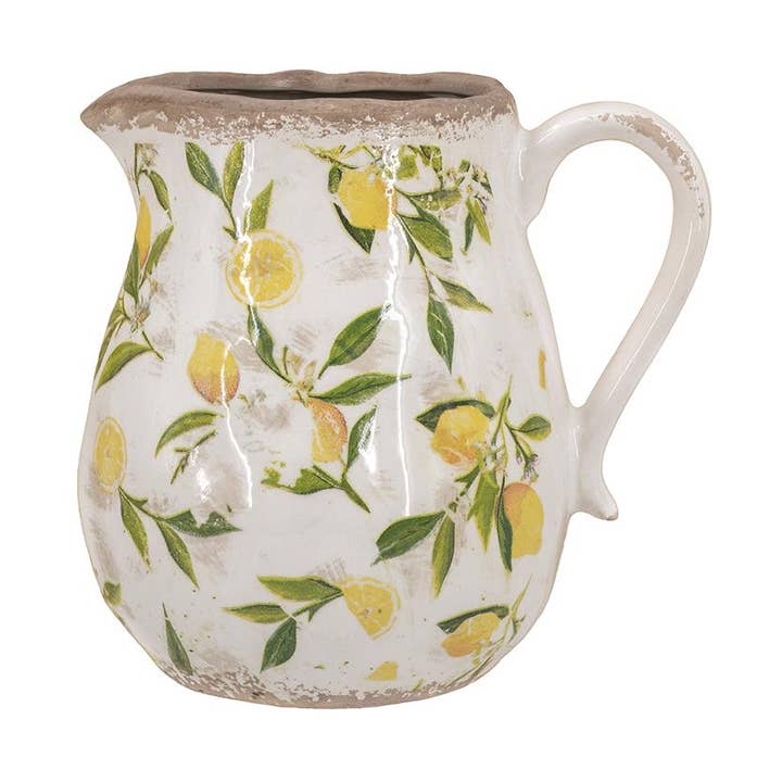 Pichet en céramique blanche 8x6,5x8" avec motif de citron jaune pour la vente par A&B Home Group Inc.