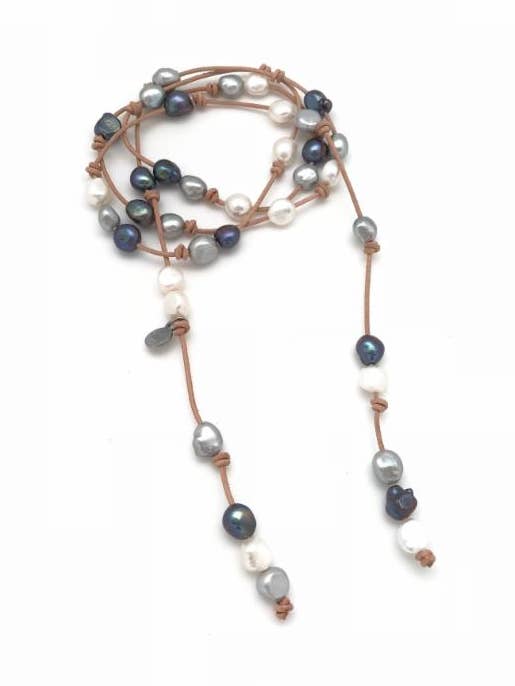 Shades of Grey Lariat - Peacock White And Grey Pearls (Tan) for wholesale by MdeM Designs