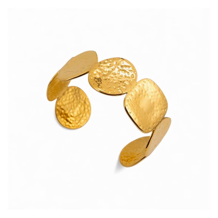Hammered Disc Detail Bangle in Gold for wholesale by White Leaf