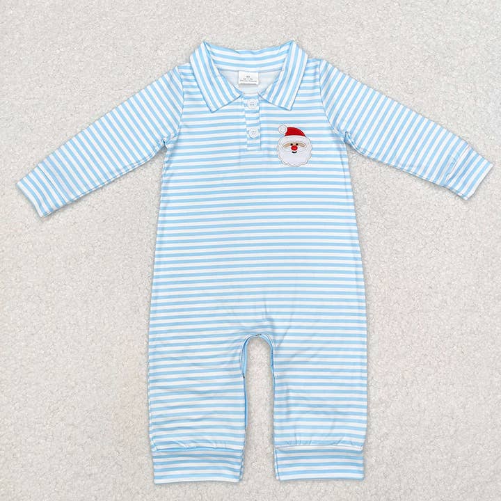 Baby Infant Boys Blue Stripes Santa Buttons Rompers for wholesale by Aier Wholesale