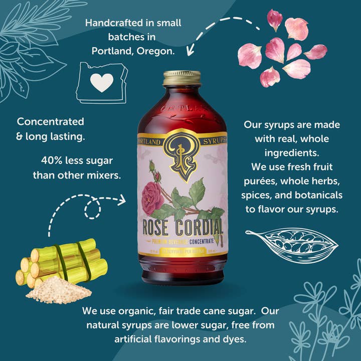 Portland Syrups - Vente Mélange/sirop pour cocktails - Sirop Cordial à la Rose 12oz - Mélangeur à cocktail/boisson sans alcool