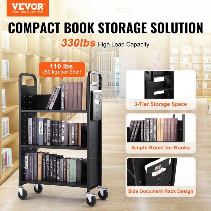 Black Book Cart, 330 lbs Library Cart, 31.1" x 15.2" x 49.2" Rolling Book Cart for wholesale on Faire