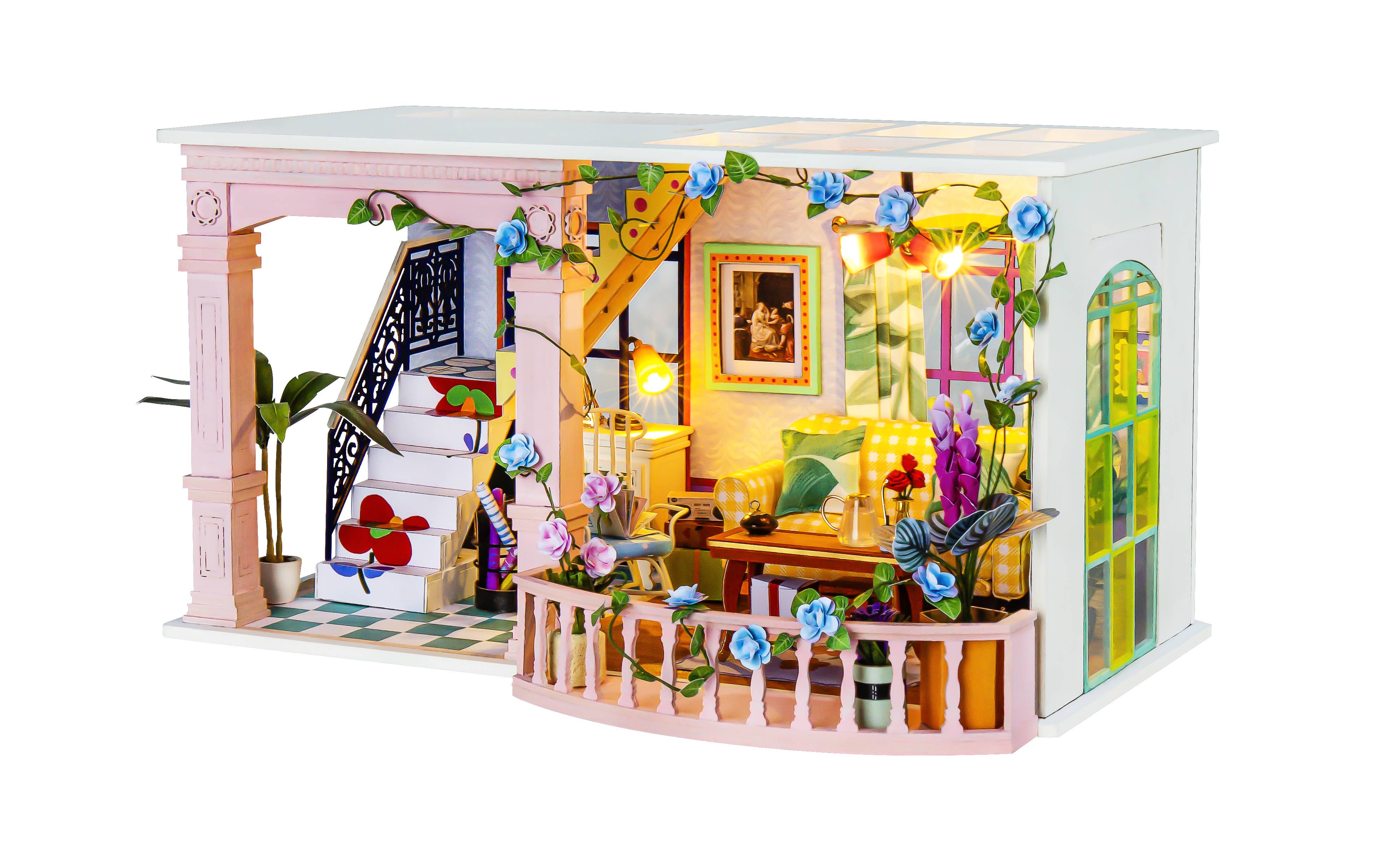 ROBOTIME DIY Holz Puppenhaus mit Teddybär Häuse Miniatur Möbel Kits Geschenk 