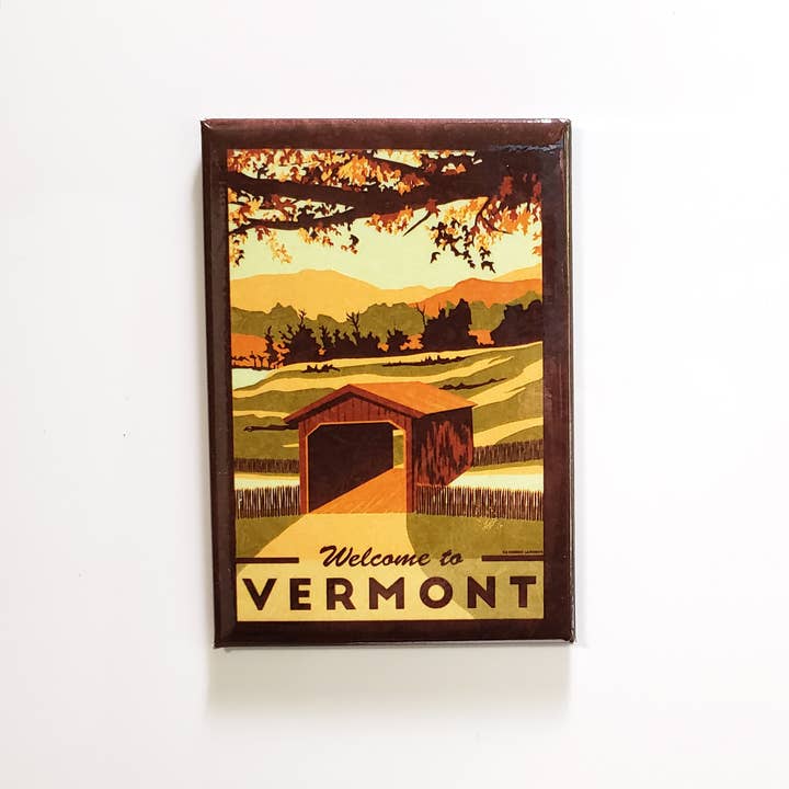 Vermont Vintage Souvenir Magnet | Covered Bridge in Fall for wholesale by Lionheart Graphics