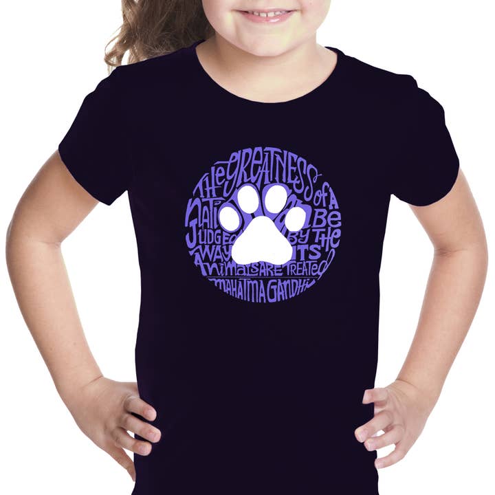 LA Pop Art - Wholesale Screen Printed T-Shirt - Kids - Girl's Word Art T-shirt - Gandhi's Quote on Animal Treatment