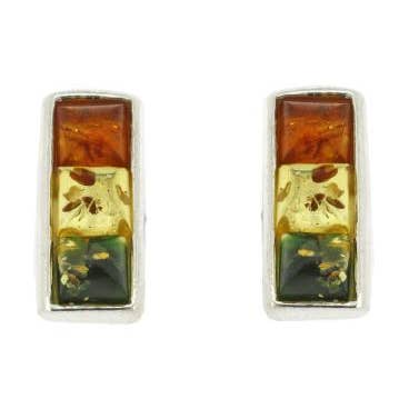 Orecchini a bottone rettangolari in ambra mista e scatola di presentazione per la vendita all'ingrosso da parte di Nova Silver