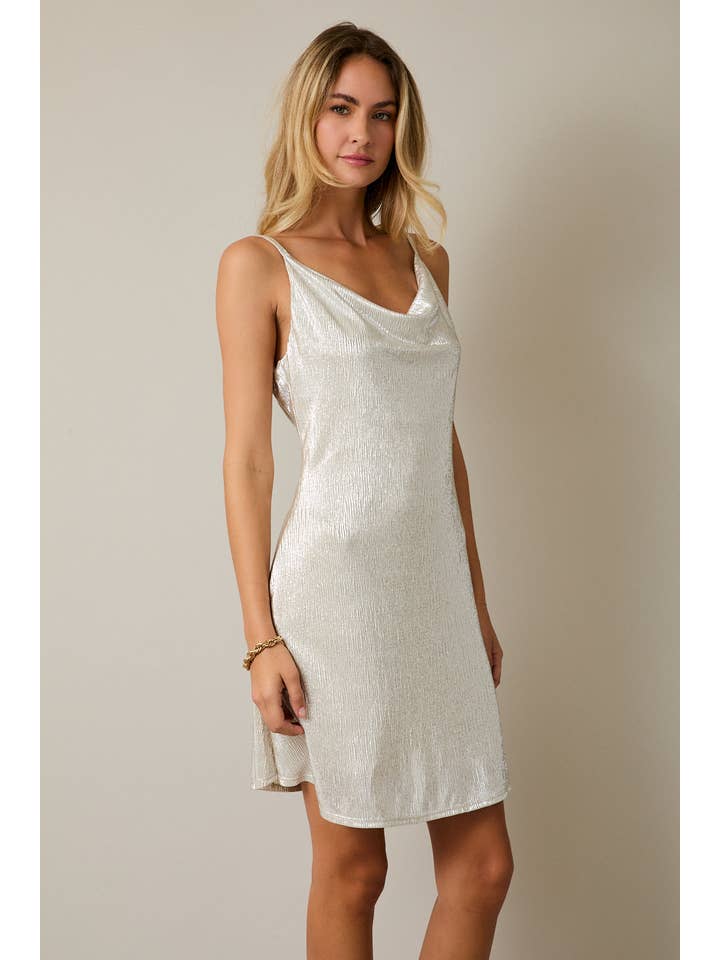 CHAMPAGNE COWL NECK S.P.G STRAP MINI DRESS for wholesale on Faire2