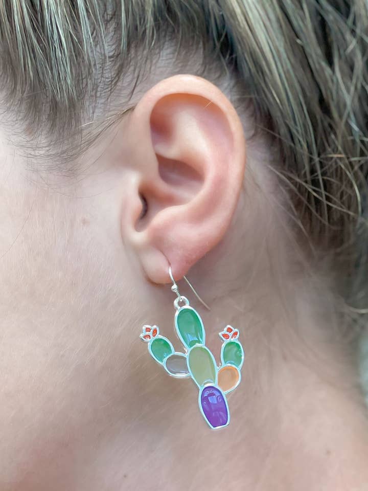 Western Stained Glass Cactus Dangle Earrings for wholesale by Prep Obsessed Wholesale