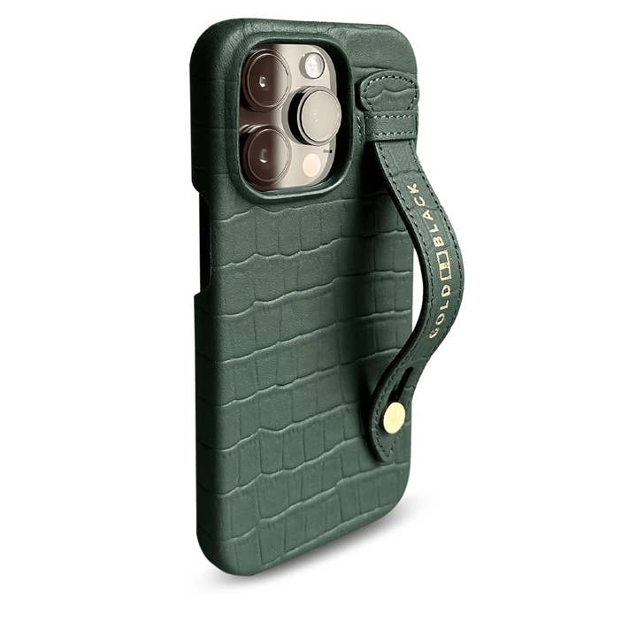 Funda delgada de piel para iPhone 14 Pro con estampado de cocodrilo verde con trabilla para el dedo para venta al por mayor de GOLDBLACK