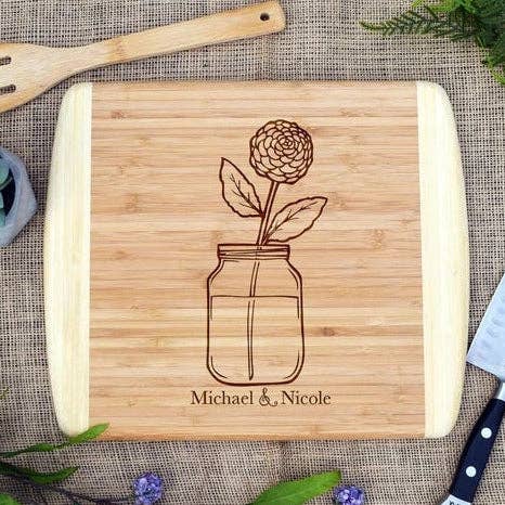 Mason Jar Flower Two Tone Cutting Board for wholesale by Our Board Boutique