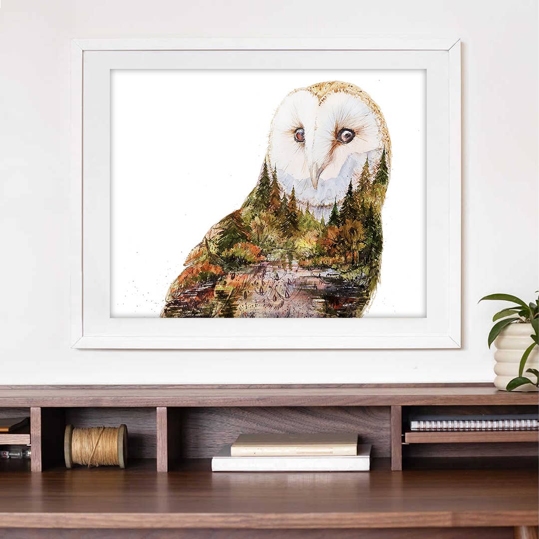 Elena Markelova Arts - Wholesale Art Print - Soul Light - Barn Owl Fall Nature Watercolor Art Print1