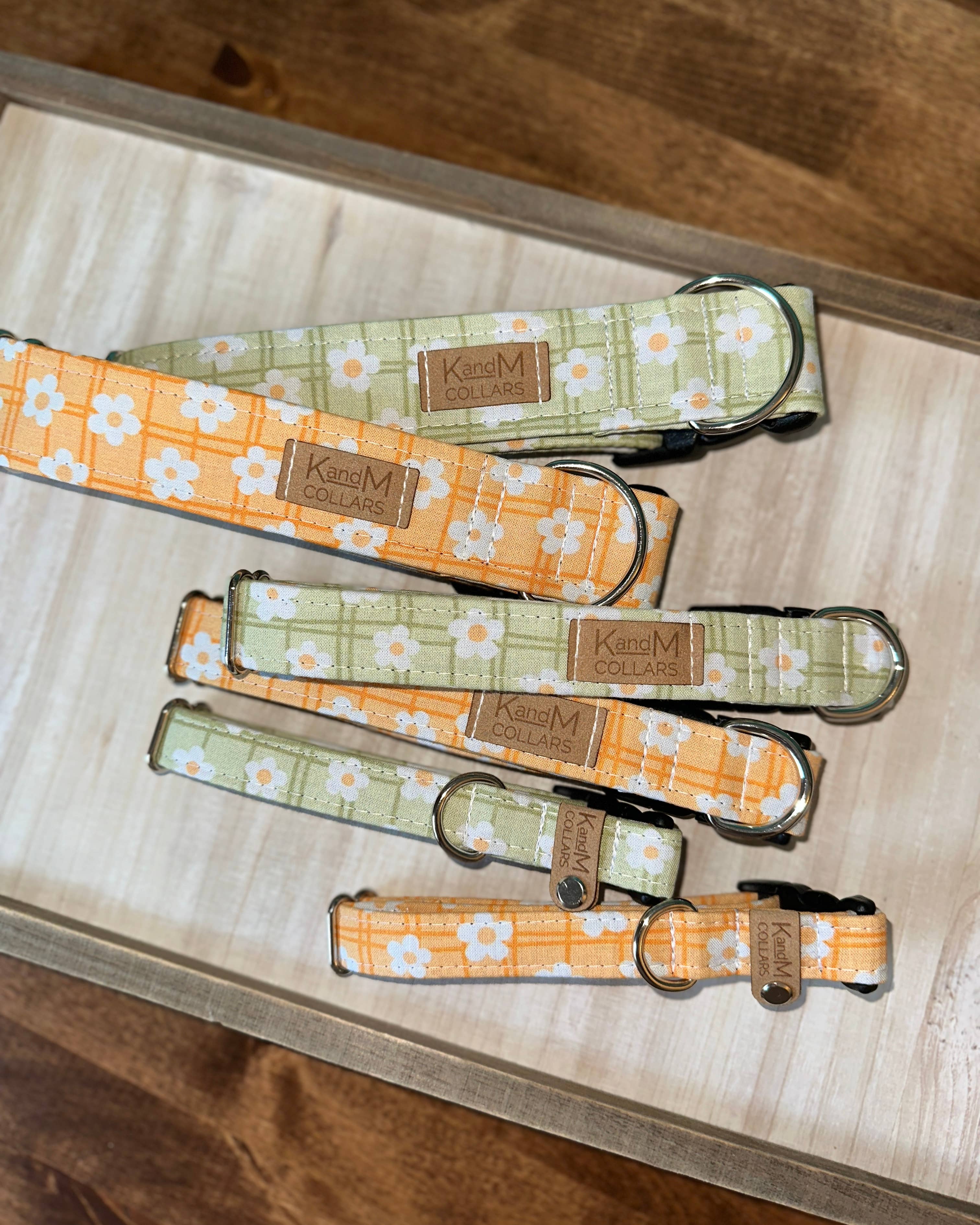 K and M Collars - Wholesale Pet Collar - Dog - Bright Green Daisies on Plaid Dog Collar, K and M Collars1